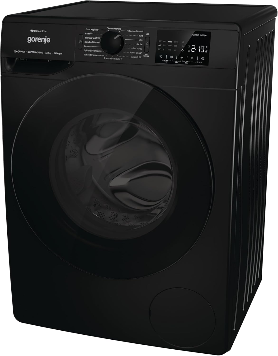 Gorenje WPNEI94A1DTSB Waschmaschine mit Dampffunktion/ConnectLife / 9Kg / 1400 U/min / 15 Programme/Totaler AquaStop/Wave Active Trommel/ExtraHygiene/PowerWash/Schnell Waschgang/EEK: A-10%