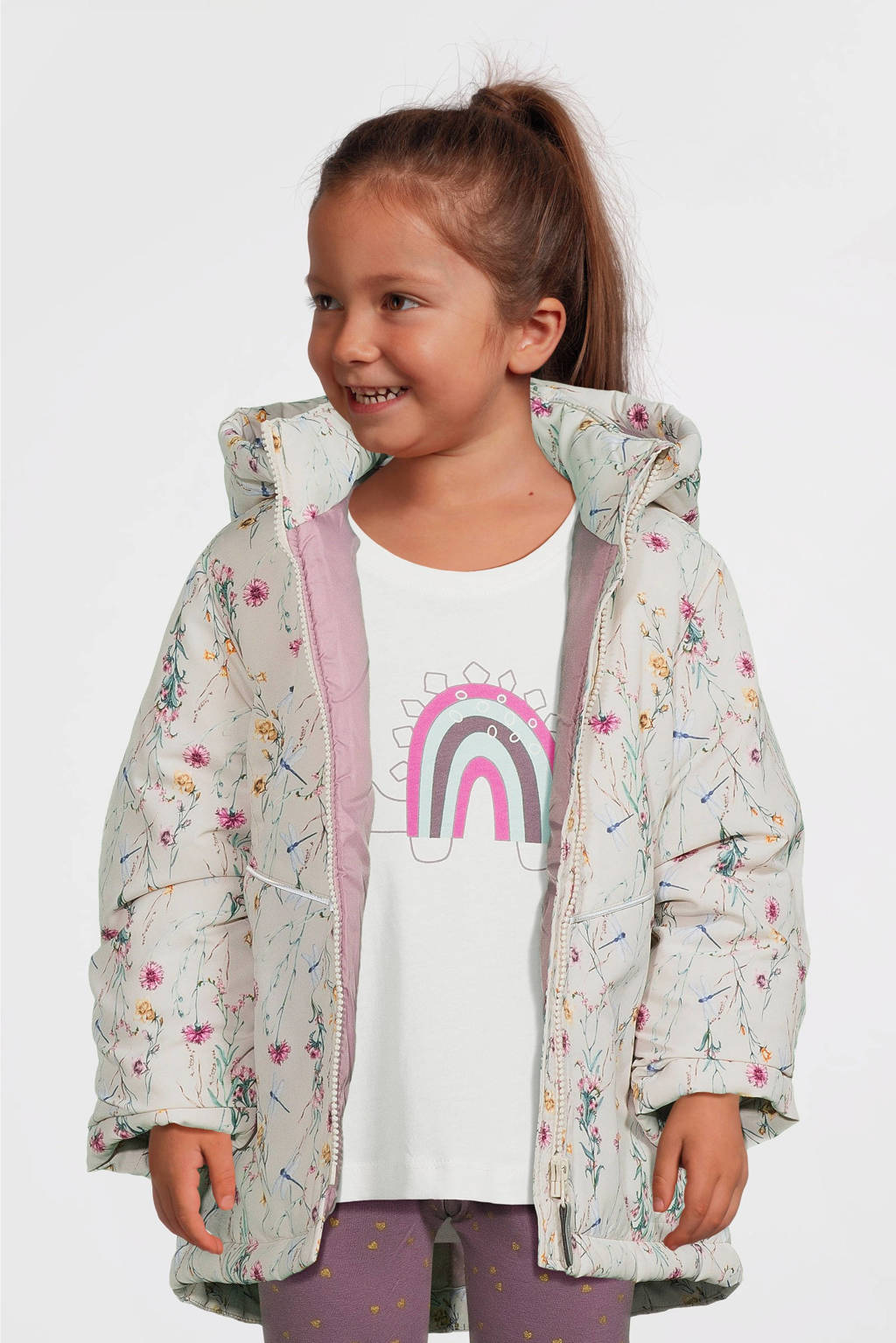 NAME IT gebloemde winterjas NMFMAXI beige/roze