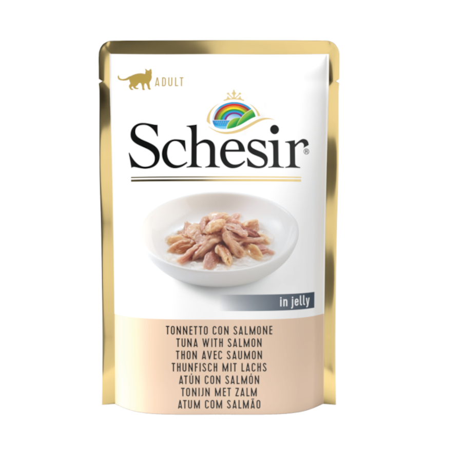 Sachê de 85g de atum com salmão Schesir Adult para gatos.