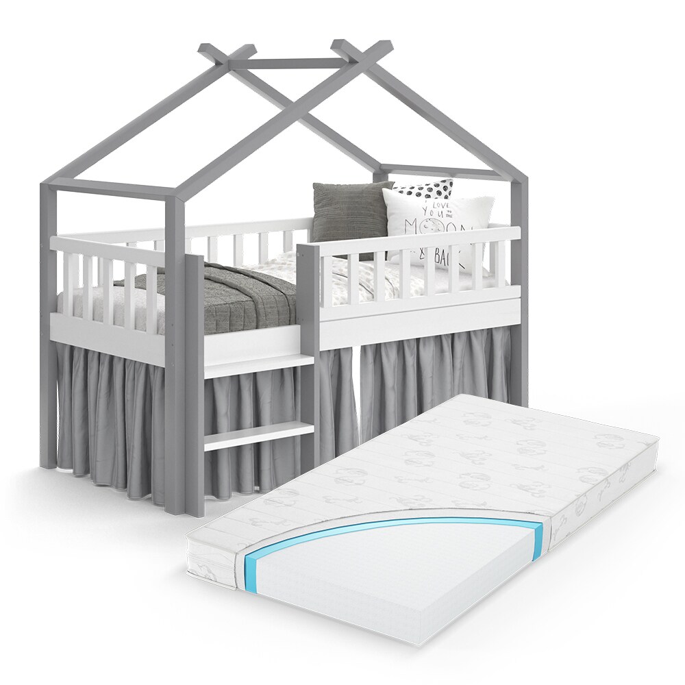 VitaliSpa Kinderbett Bettenhaus Einzelbett Adis Weiß Grau modern 168x158 cm Kinderzimmer Rausfallschutz Massivholz Lattenrost Bettleiter Hausbett Hochbett Matratze