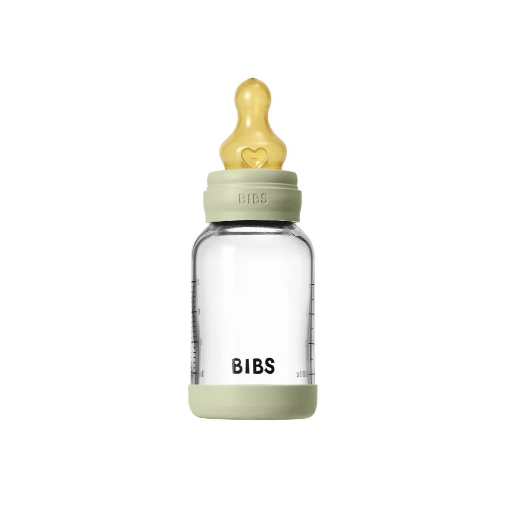 BIBS Glazen Babyfles - 120 ml - Sage - met latex speen en opvouwbare trechtertje