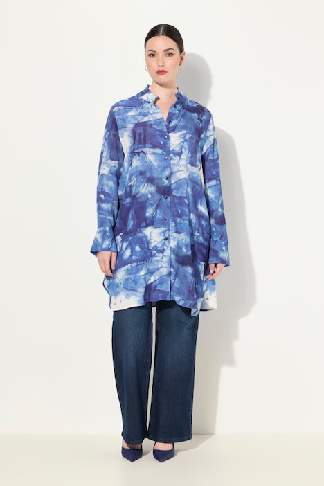 Longbluse, Batikmuster, A-Linie, Stehkragen, Langarm
