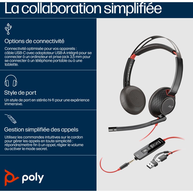 HP Poly Micro-casque stéréo USB-C Poly Blackwire 5220 + prise 3,5 mm + adaptateur USB-C/A (lot)