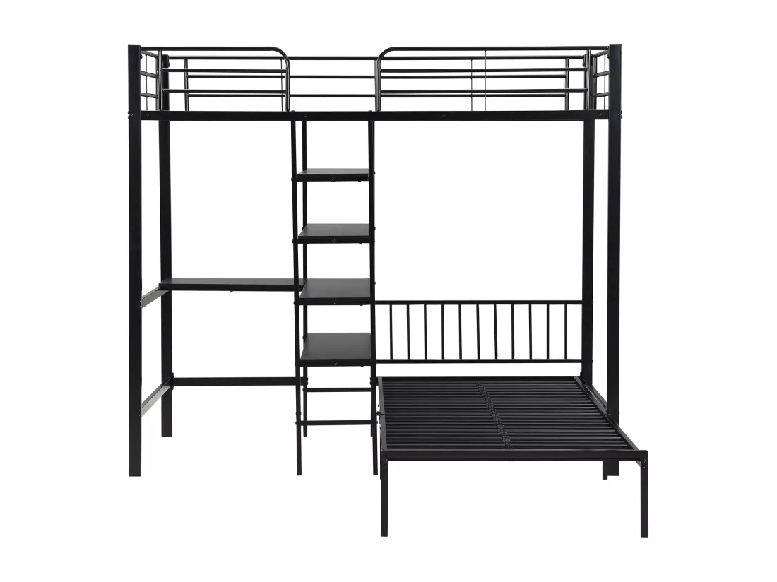 Lit superposé 90x200cm en fer - avec bureau et étagères - Noir