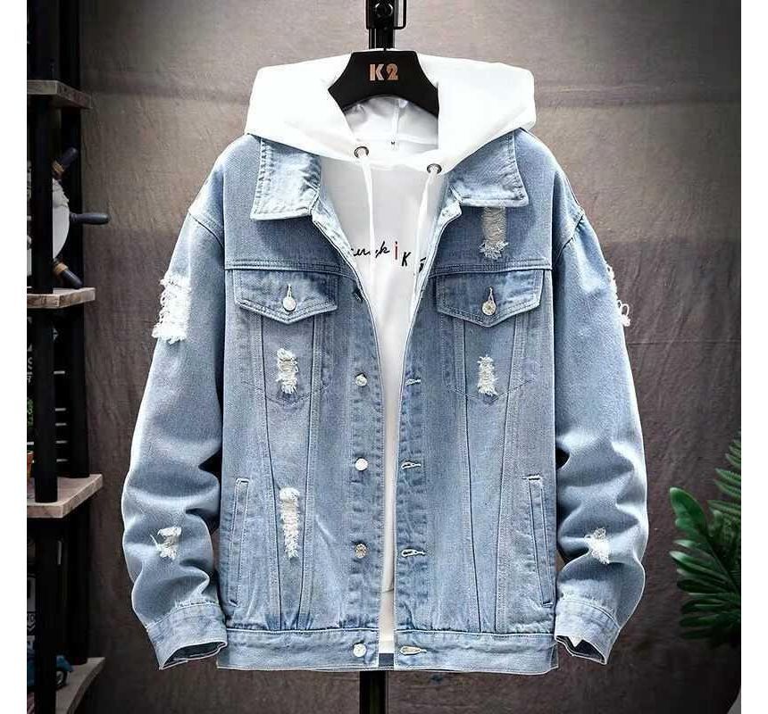 Wewewow - Gewassen, tweedelig denim jack met kraag en capuchon en knopen
