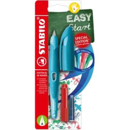 Schulfüller ergonomisch für Linkshänder mit Anfänger-Feder A - STABILO EASYbirdy 3D Wildlife Special Edition in blau - inklusive Patrone und Einstellwerkzeug
