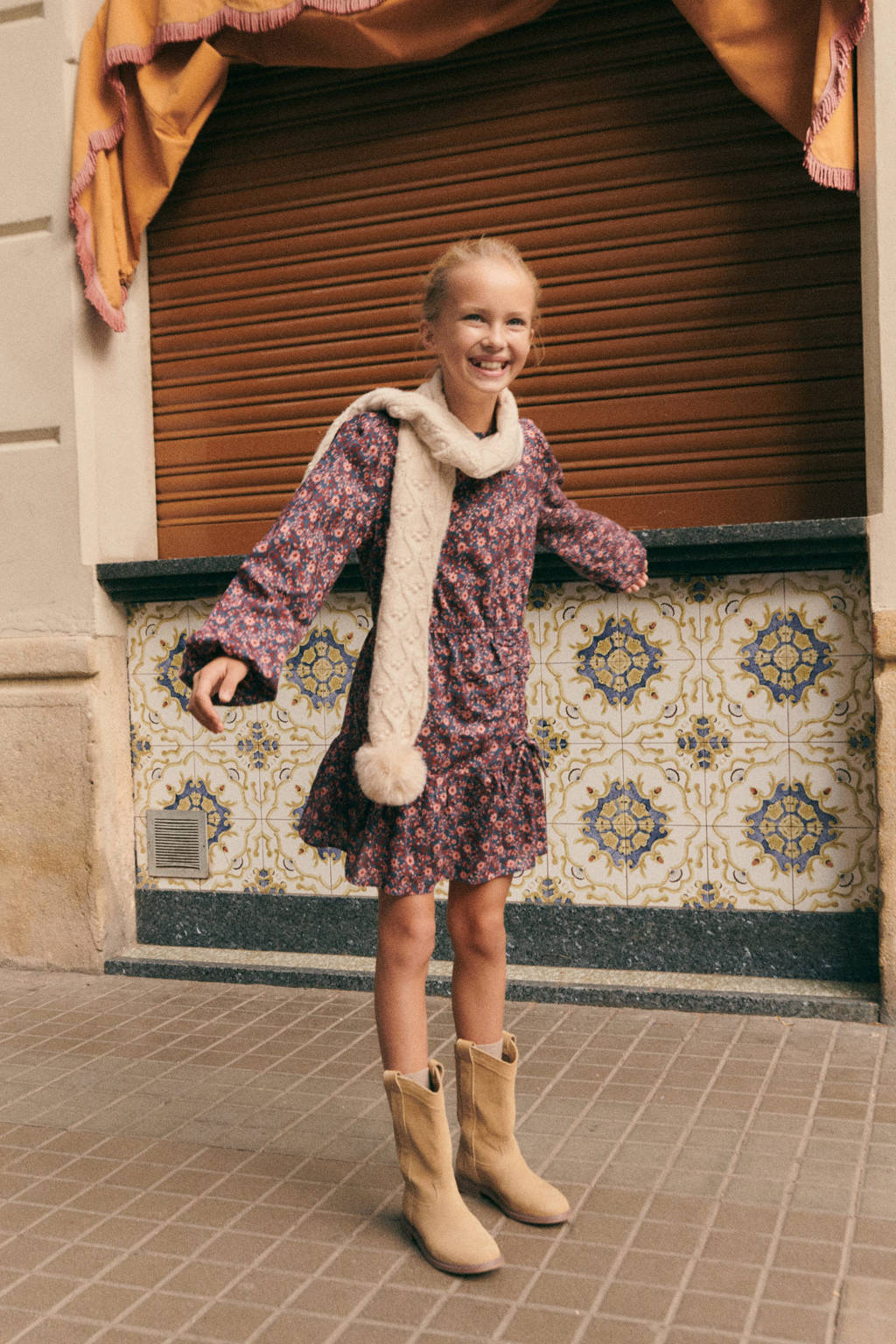 Mango Kids gebloemde A-lijn jurk donkerblauw/rood/roze