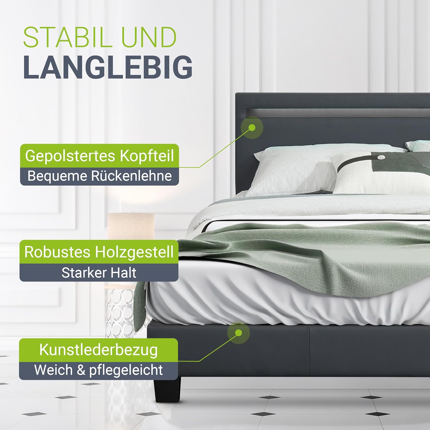 Juskys Polsterbett 140x200 cm – Bett Paris mit LED Beleuchtung, Lattenrost & Kopfteil, modernes Doppelbett aus Kunstleder & Holz – Grau