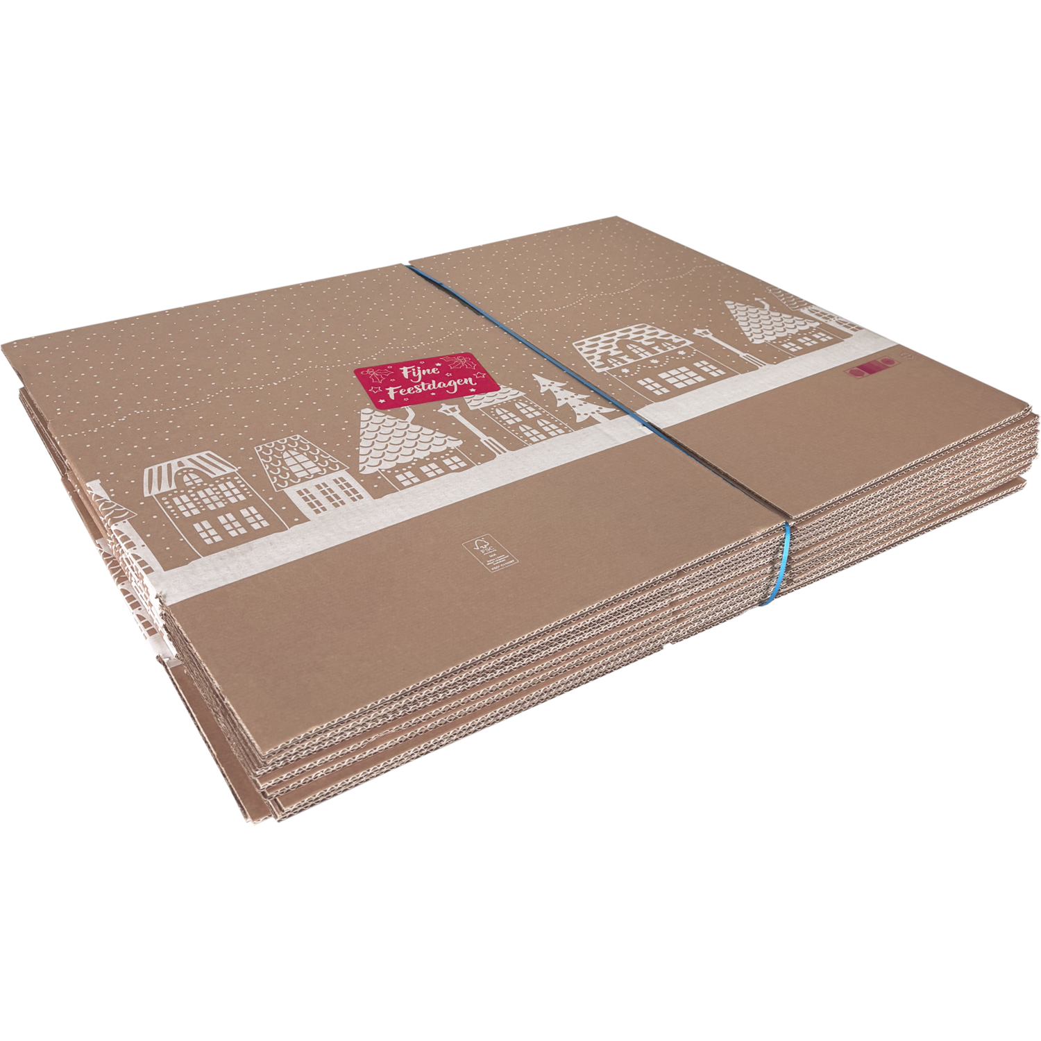 Kerstpakketdoos, Huisjes, golfkarton, 45x35x23cm, Kerstmis, d,