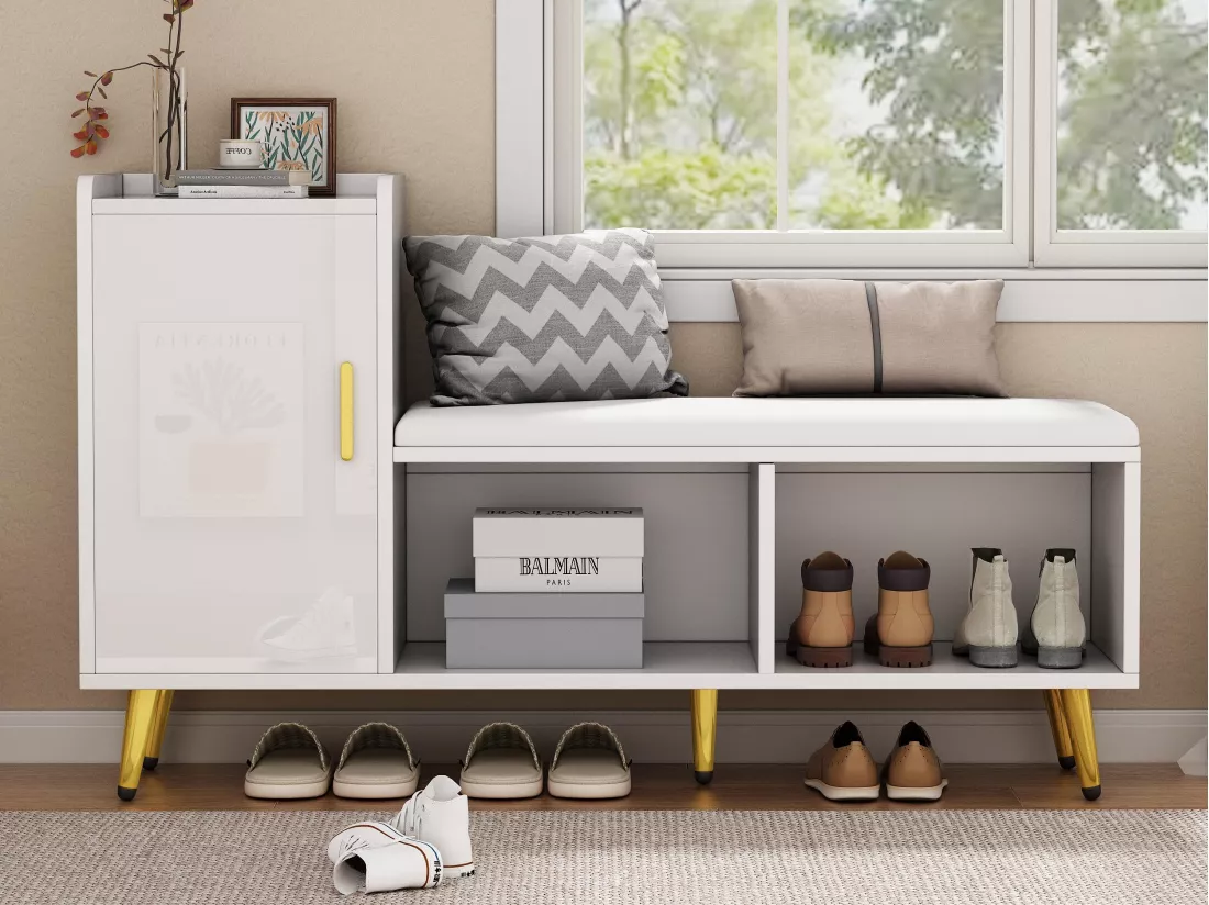 Meuble à chaussures - rangements à plusieurs niveaux & assise rembourrée - Blanc