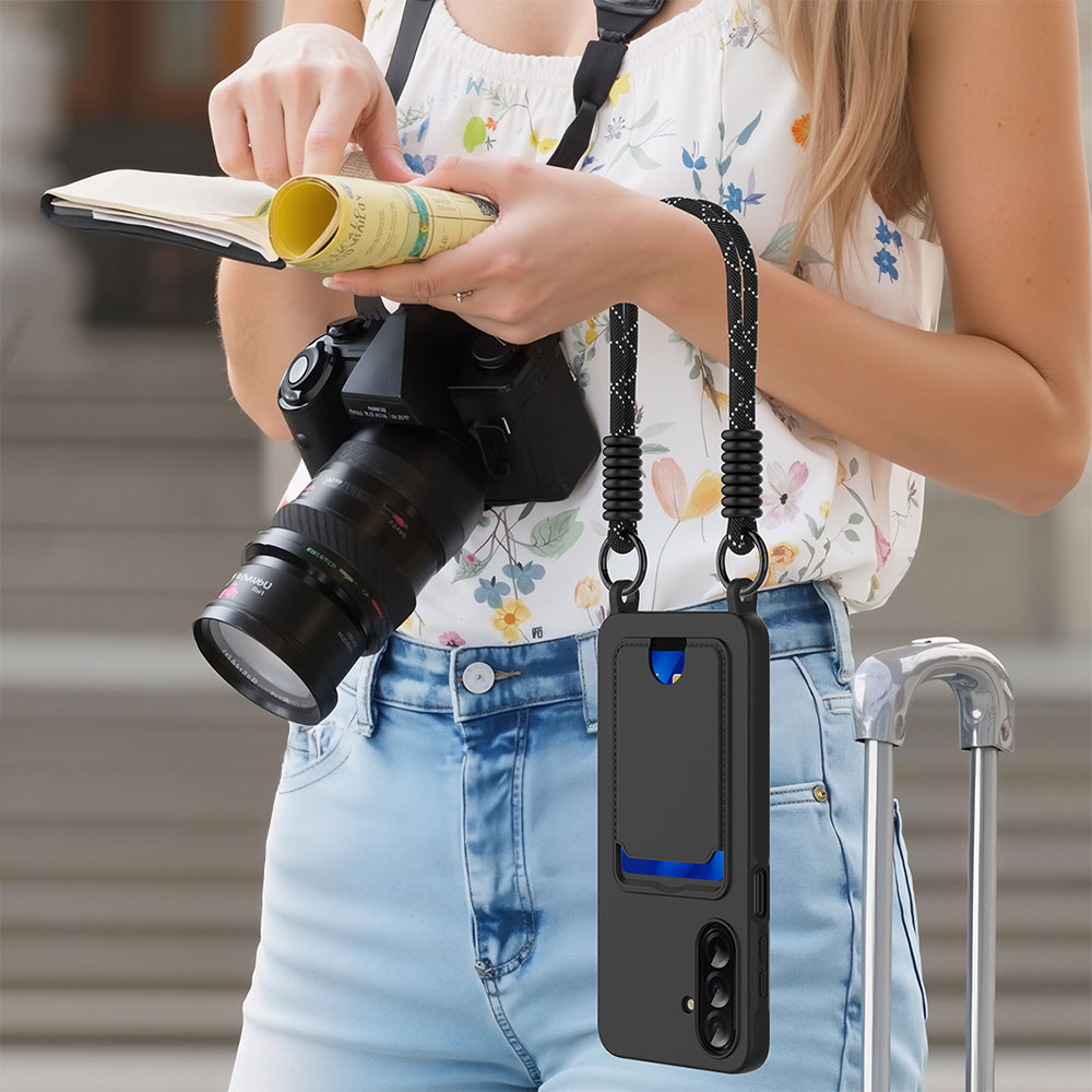 Samsung Galaxy A17 Silikon Hülle mit Kartenfach   Handgelenkschlaufe (32cm) - Schwarz
