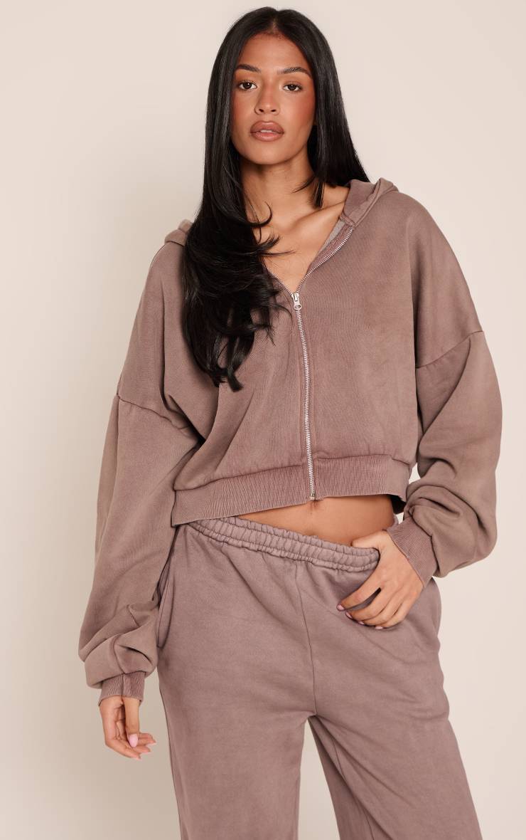 Washed Brown Sweat À Casynthétiqueche Court Boxy Zippé Tall