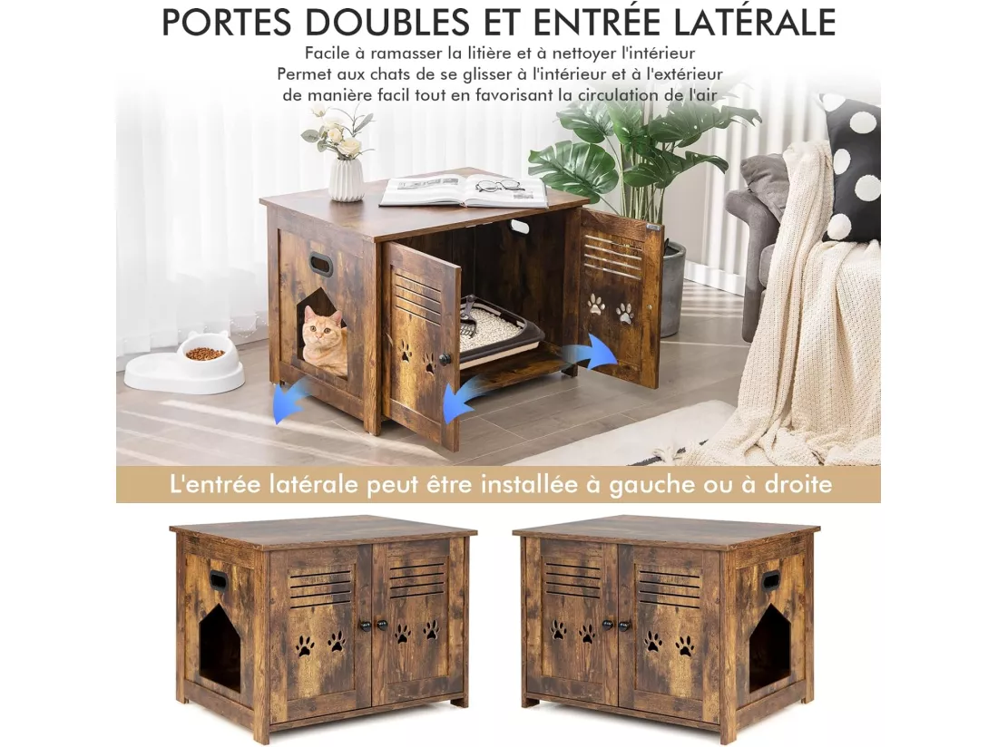 Meuble Litiere Chat avec Portes à Persiennes et 2 poignées découpées Style Industriel, 70 x 52 x 51 CM,