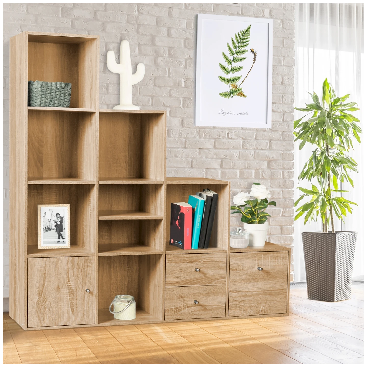 Meuble de rangement en escalier LIAM 4 niveaux bois façon hêtre avec porte et tiroirs