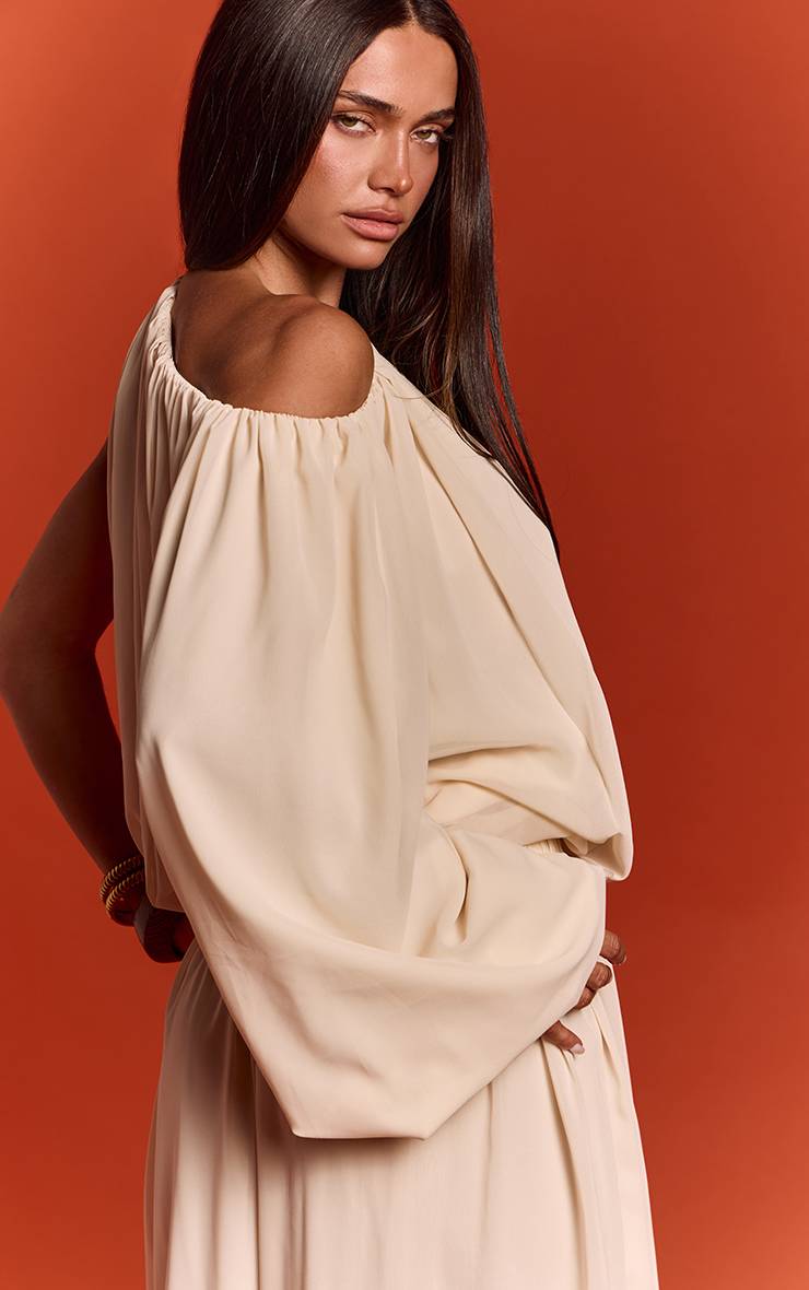 Crème Ensemble Coordonné Blouse En Mousseline À Manche Unique Froncée