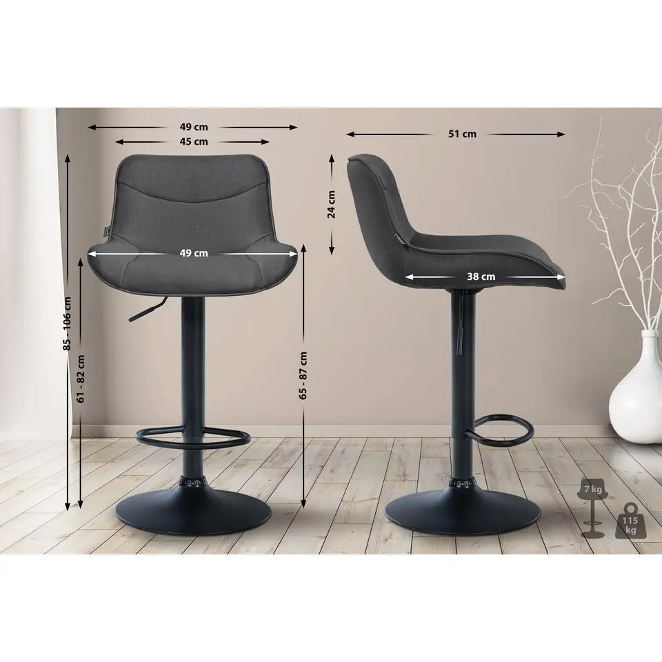 CLP Set van 2 Barkruk Vonore zwart Frame - Stof - donkergrijs