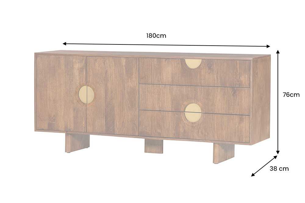 Massives Sideboard MADISON 180cm braun Mangoholz mit Schubladen und strukturierter Front