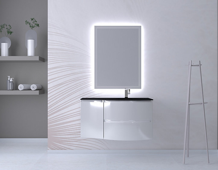 Ensemble Vague L.104 cm meuble sous vasque à suspendre blanc brillant + complément gauche + plan vasque verre noir mat