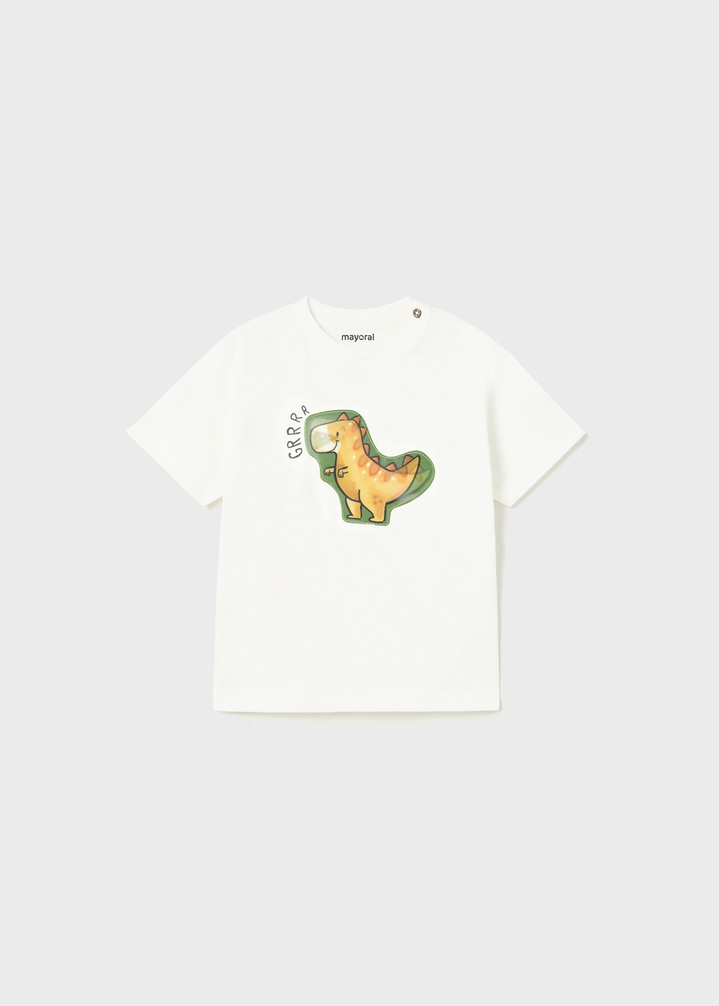 Camiseta infantil de algodão de manga curta com estampa interativa.