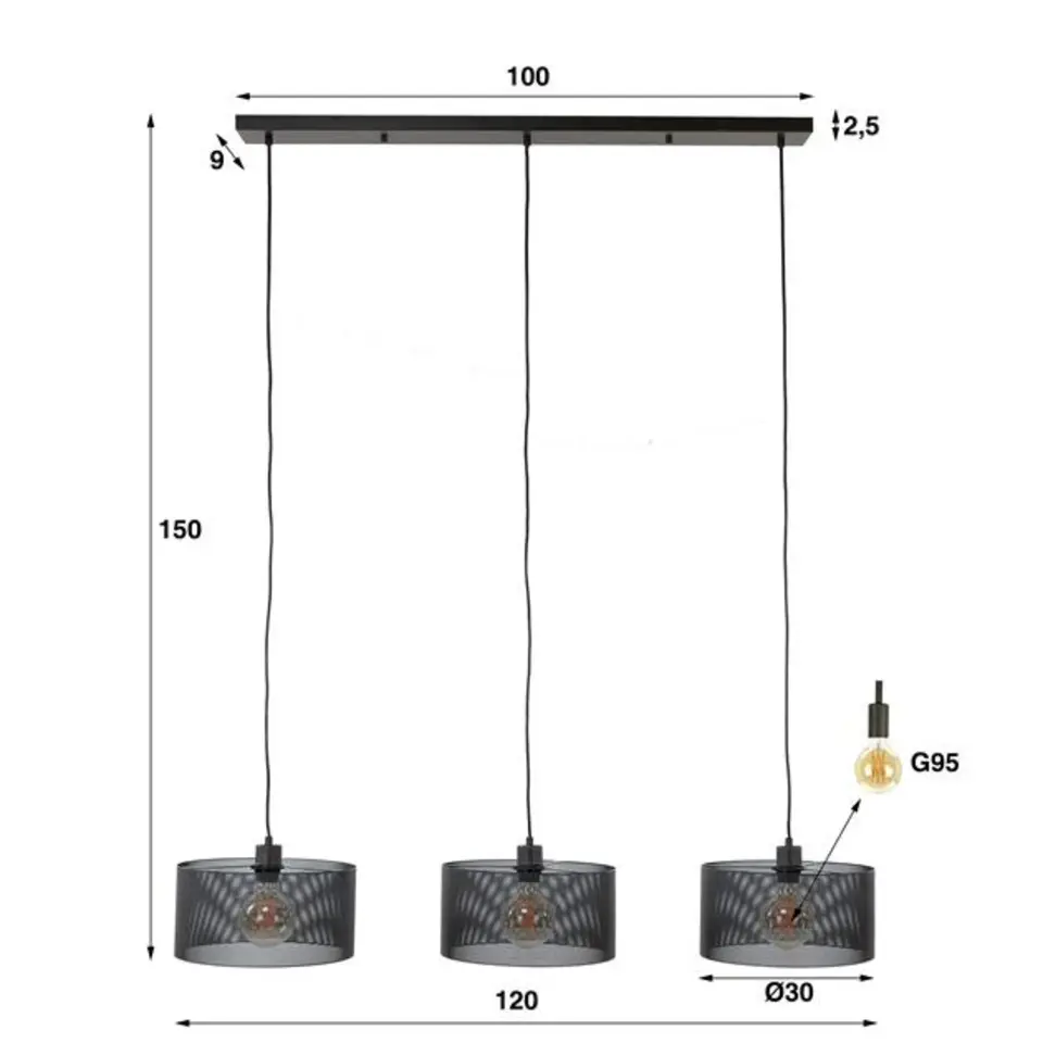 Hanglamp Jeff 3-lichts mesh round - Metaal - Zwart