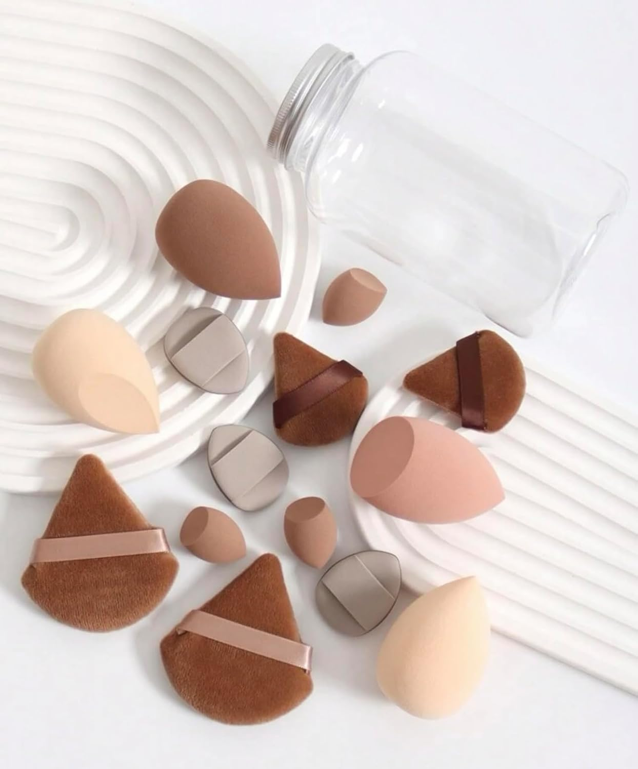 (14-tlg. Set) Make Up Kosmetik Schwamm / Puderquaste / Beauty Blender mit Aufbewahrungsbox - Orange