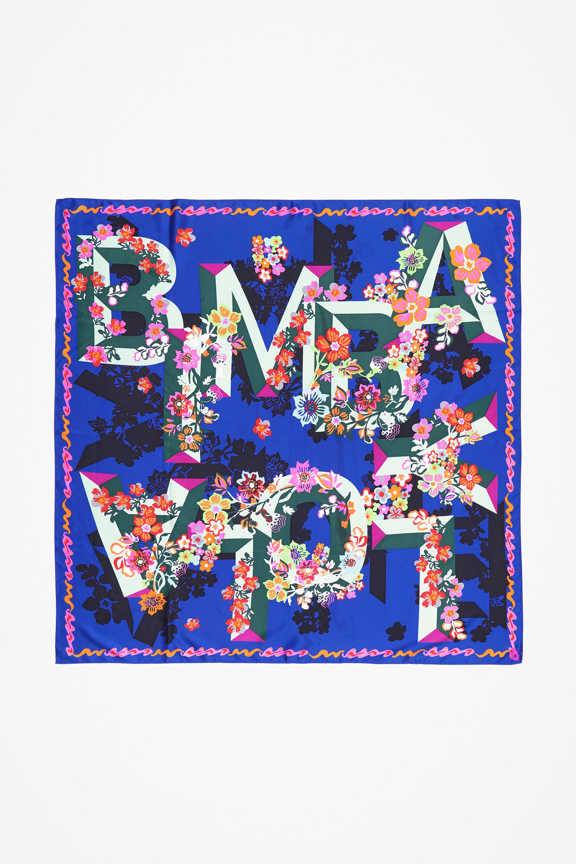 Lenço floral com logotipo geométrico azul