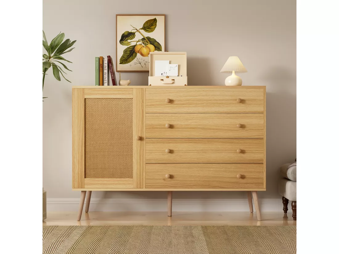 Buffet 120x40x836cm - Armoire avec 4 tiroirs et 1 porte en rotin - en bois MDF+PB - coloris bois