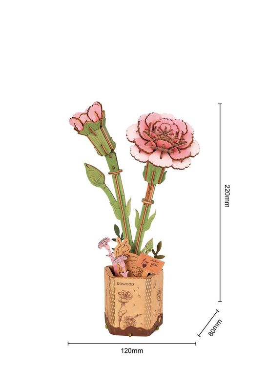 (124-tlg. Set) Rowood 3D Holz Puzzle DIY Modell Bausatz Home Deko Blume für Erwachsene (TW051) - Pinke Nelke