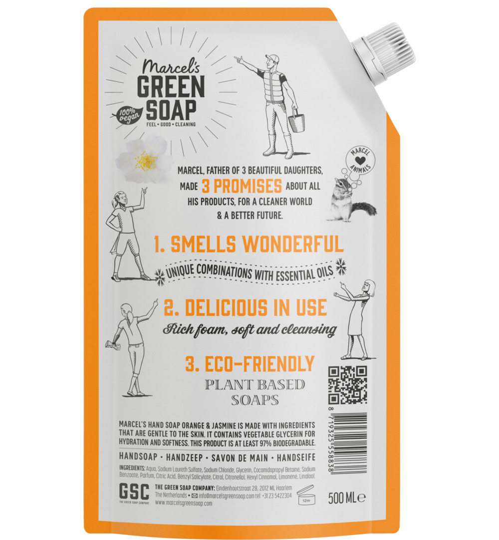 Marcel’s Green Soap Handzeep sinaasappel & jasmijn navul (500 ml)