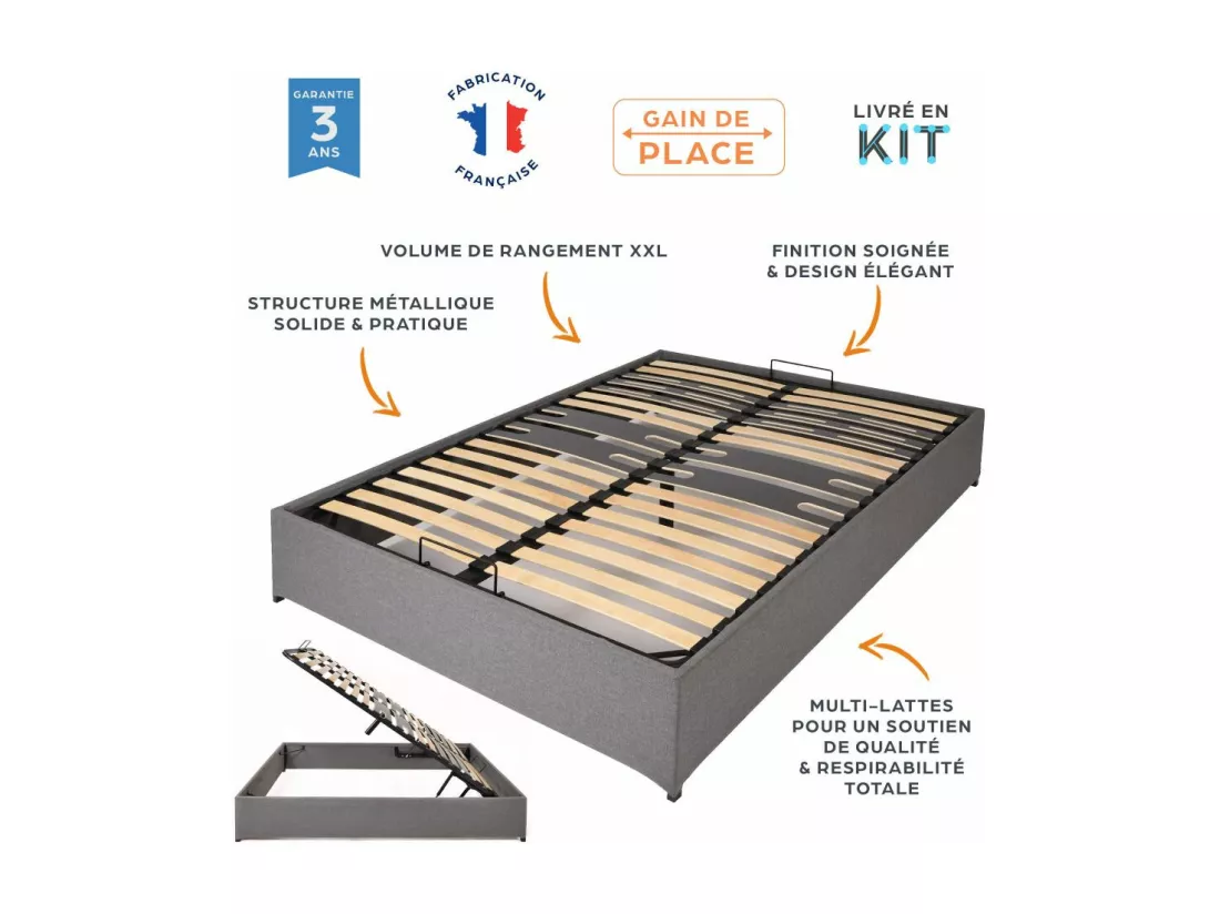 Lit coffre Savio - 160x200 - Tissu déco gris clair - 36 lattes bois - Gain de place