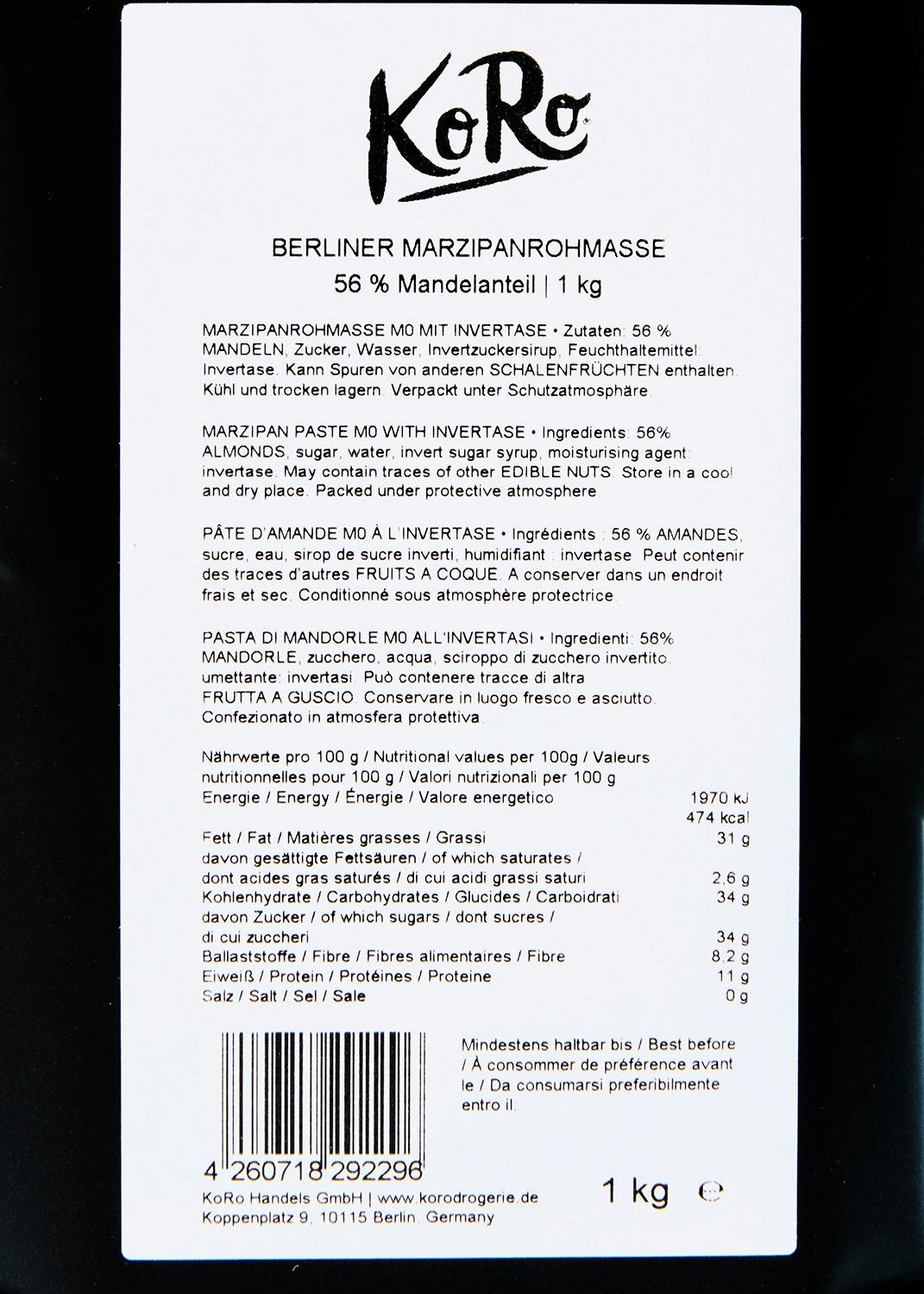 Berliner Marzipanrohmasse mit 56 % Mandeln 1 kg