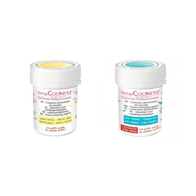 2 colorants alimentaires en poudre - turquoise-jaune pastel Scrapcooki