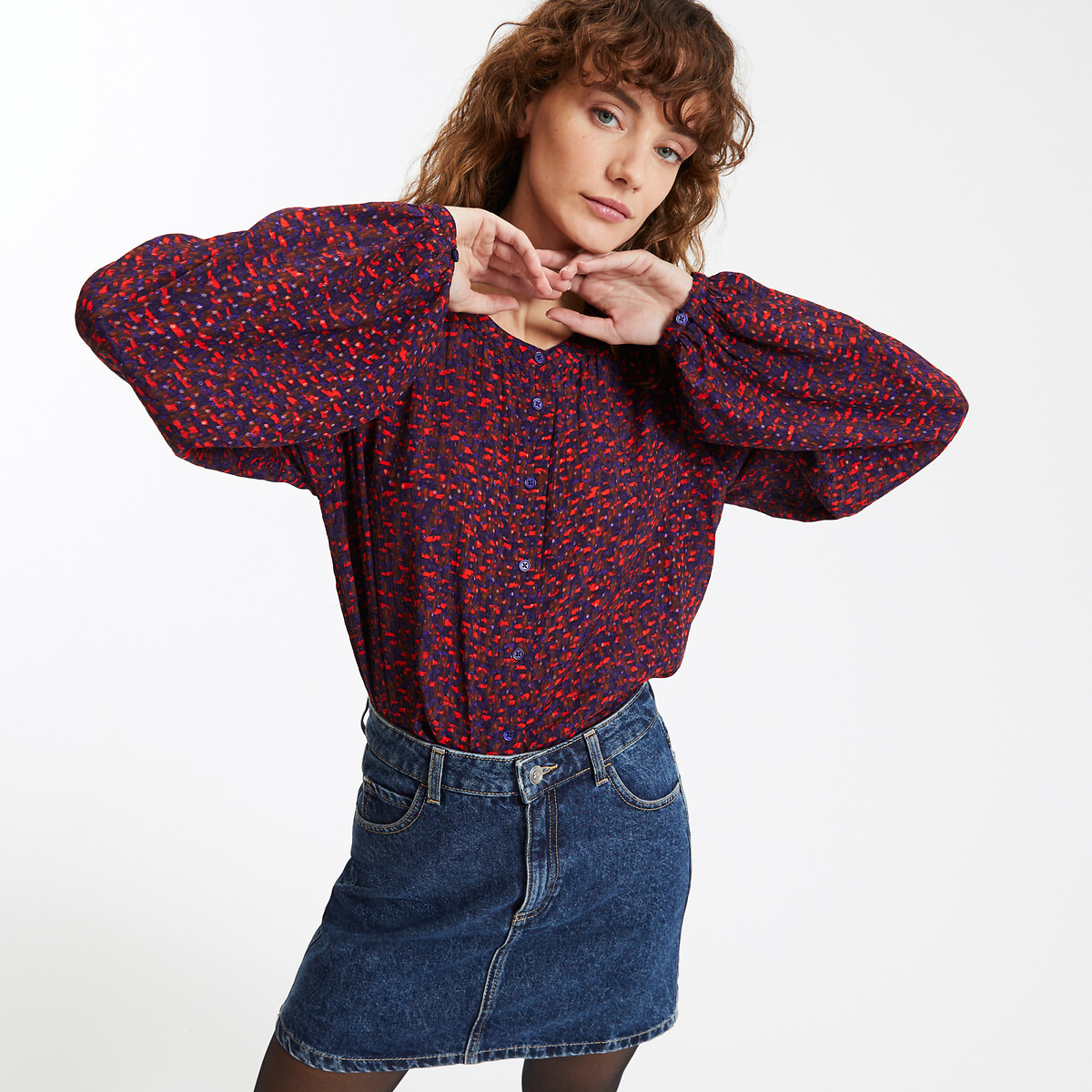 COLEÇÕES LA REDOUTE<br>Blusa estampada com gola Manor e mangas bufantes
