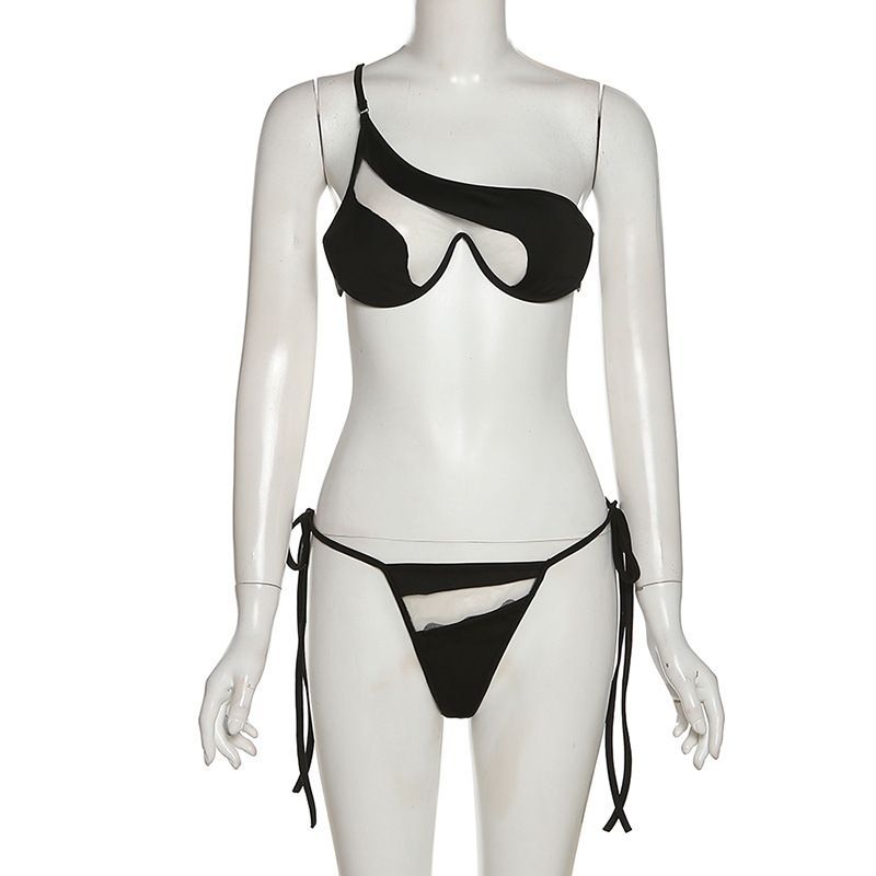 Emilyn - Set: Bikinitop met mesh-paneel en één schouder + broekje met zelfstrik
