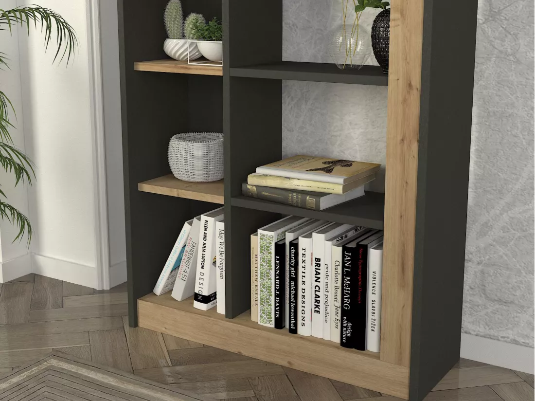 Bibliothèque avec 10 niches - Naturel clair et anthracite - SILOMAI