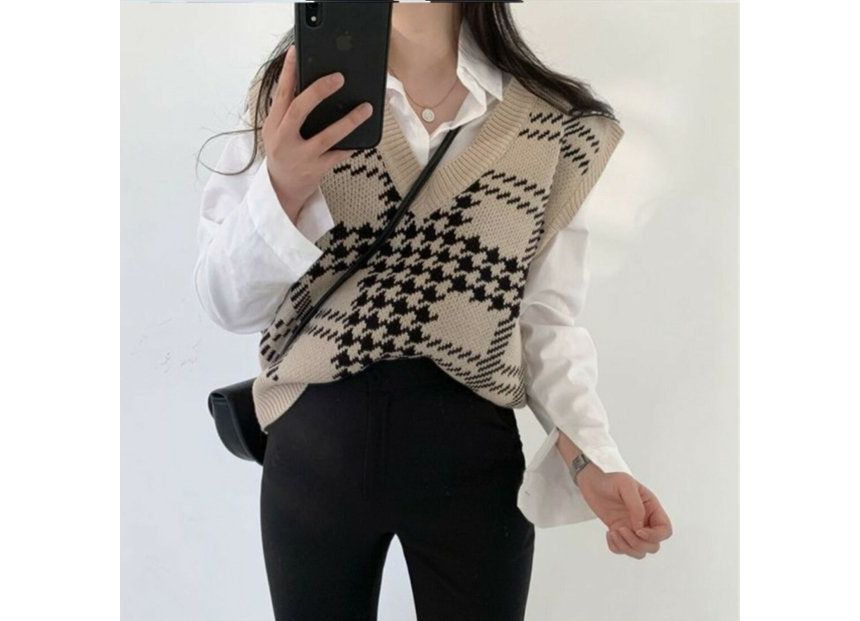 FR - V-hals pied-de-poule trui vest
