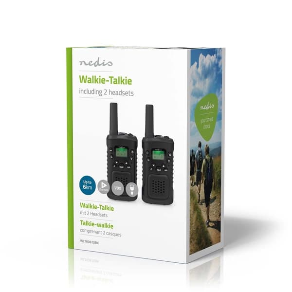 Nedis Walkie-Talkie Set | 2 håndsett | Opp til 6 km | Frekvens kanal: 8 | PTT / VOX | Opp til 3 timer | Hodetelefonutgang | 2 Hodesett | Sort