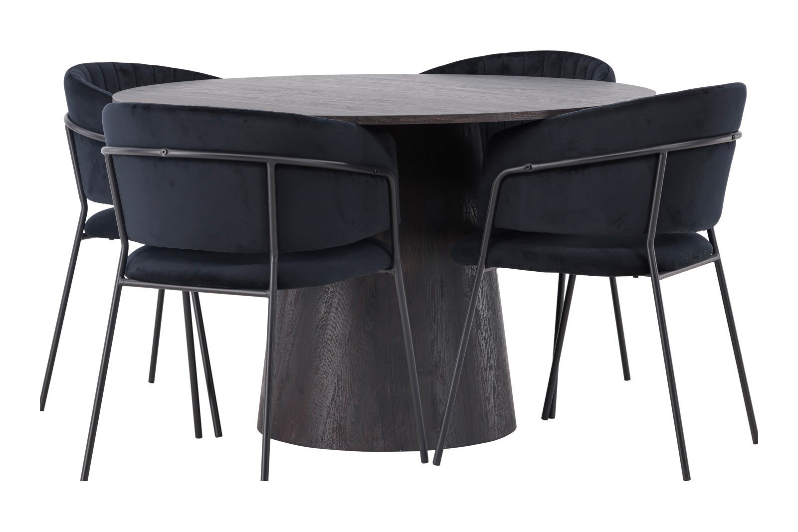 Lanzo og Selma Spisegruppe Lanzo rundt spisebord ø120cm i mocca med 4 stk. Selma med arm spisestoler i Sort fløyel og sorte ben.