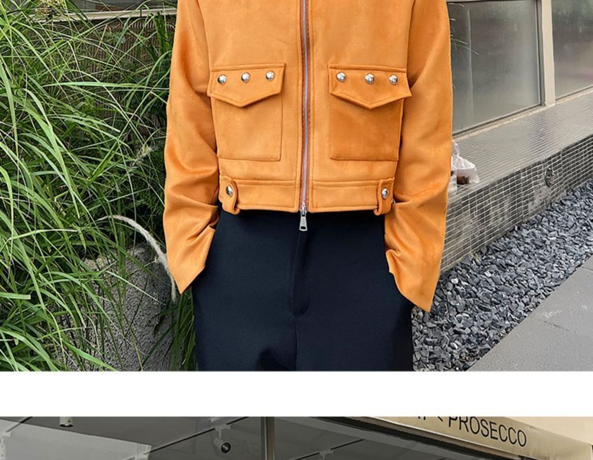 Freehop - Effen cropped jack met kraag en studs