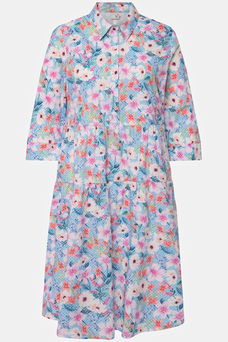 Hemdblusenkleid, Blüten, A-Linie, Hemdkragen, 3/4-Arm