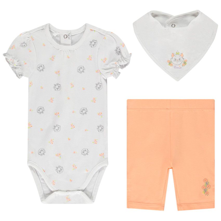 Ensemble 3 pièces en jersey body + corsaire + bavoir Marie Disney pour bébé fille - Blanc