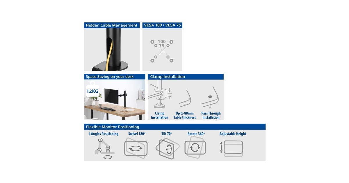 ACT ConnectivityMonitorarm office solid pro, 1 scherm  (Zwart)