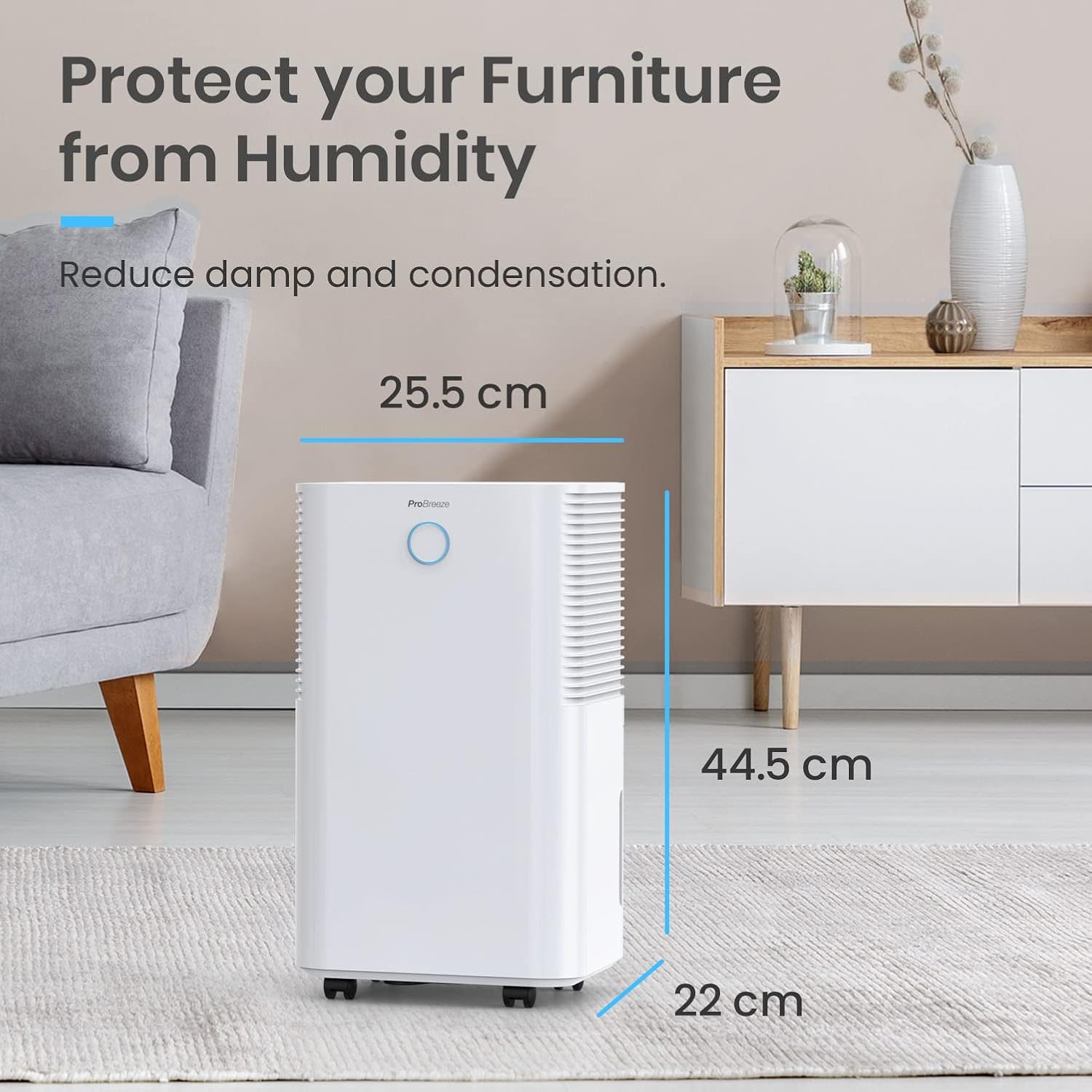 Pro Breeze Déshumidificateur Compresseur 12 L/jour avec capteur d'humidité automatique, Séchage du linge, Drainage continu, Mode Nuit & Minuterie 24 heures - Réduit humidité, moisissure, condensation