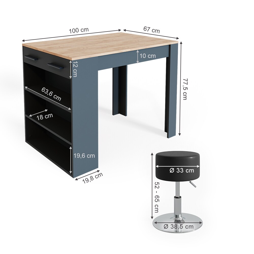 VICCO Bartisch REPOSE Tresen Tisch Hocker Bistrotisch Schublade Eiche Anthrazit