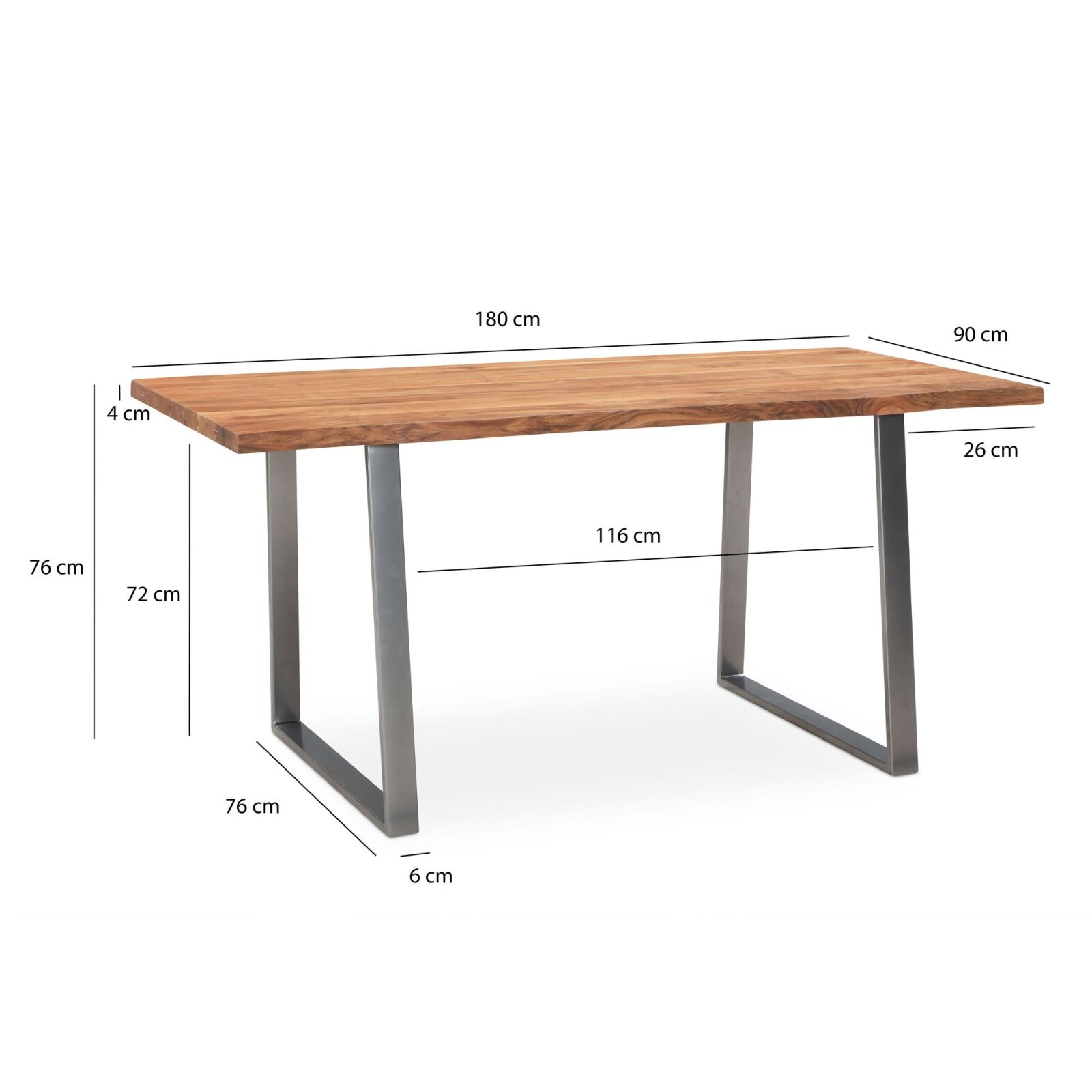Esstisch - Akazie Massivholz - Trapezbeine chromfarben - 180x90 cm