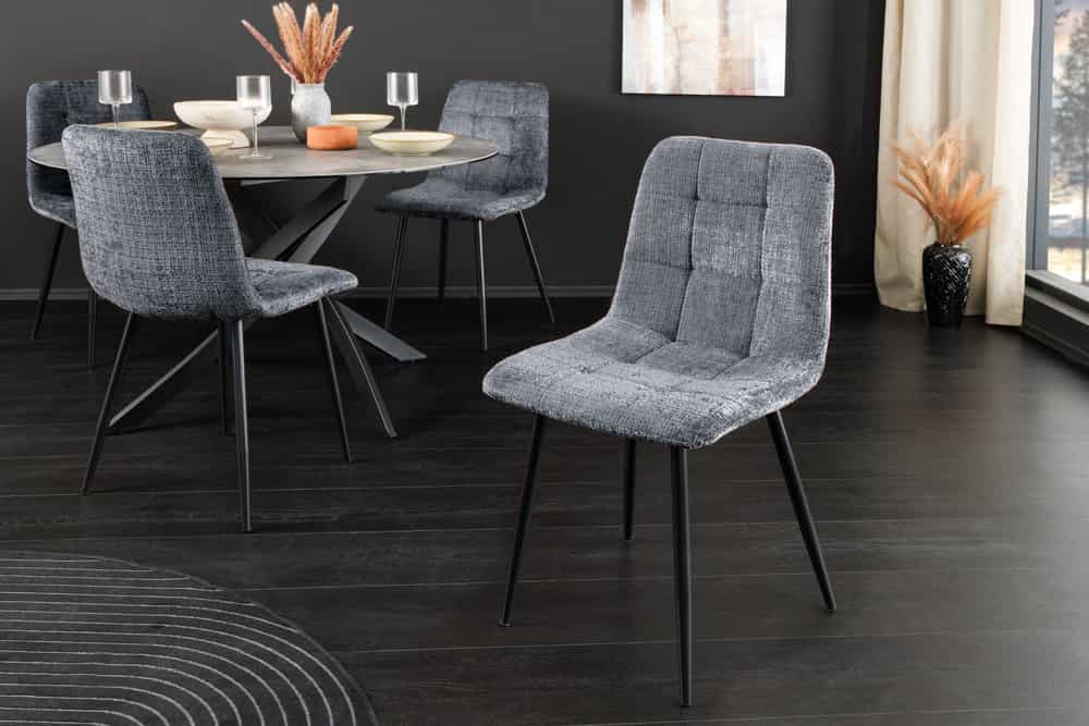 Moderner Design Stuhl TRES CHIC grau Chenille Cremona schwarze Metallbeine