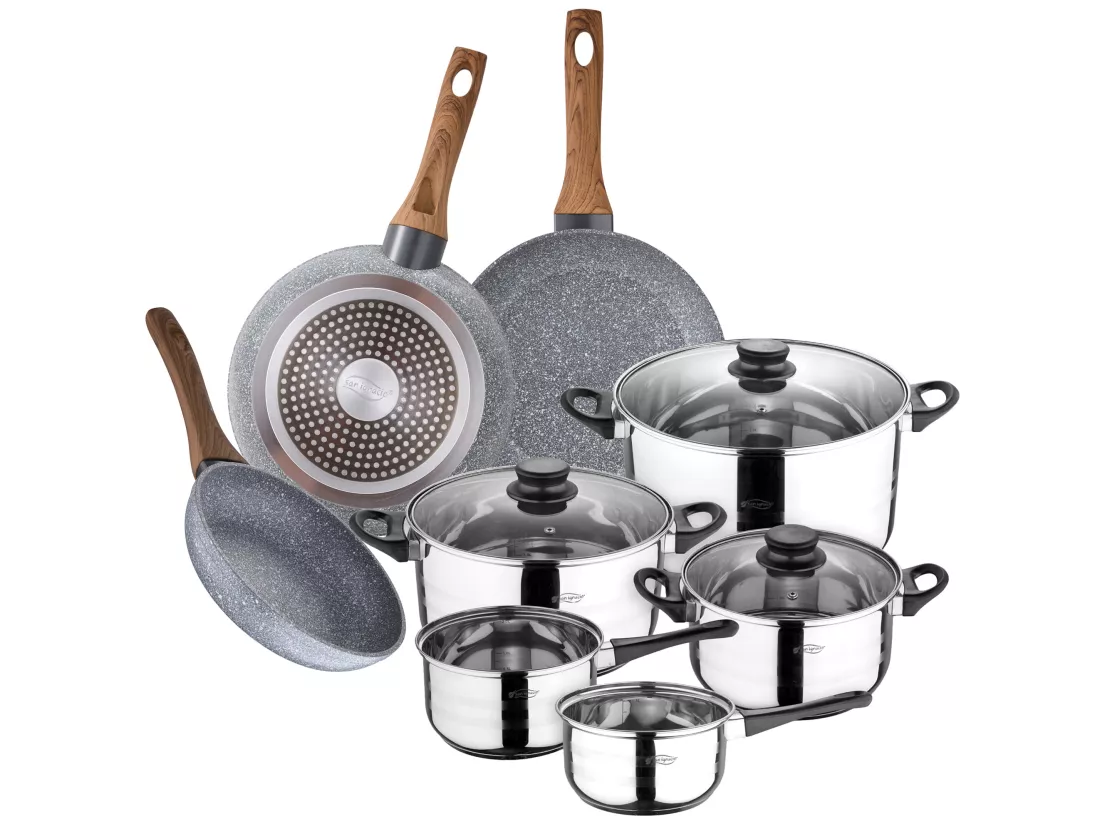 batterie de cuisine en acier inoxydable de 8 pièces avec poêles à frire (18,20,24 cm) en aluminium forgé collection daimiel