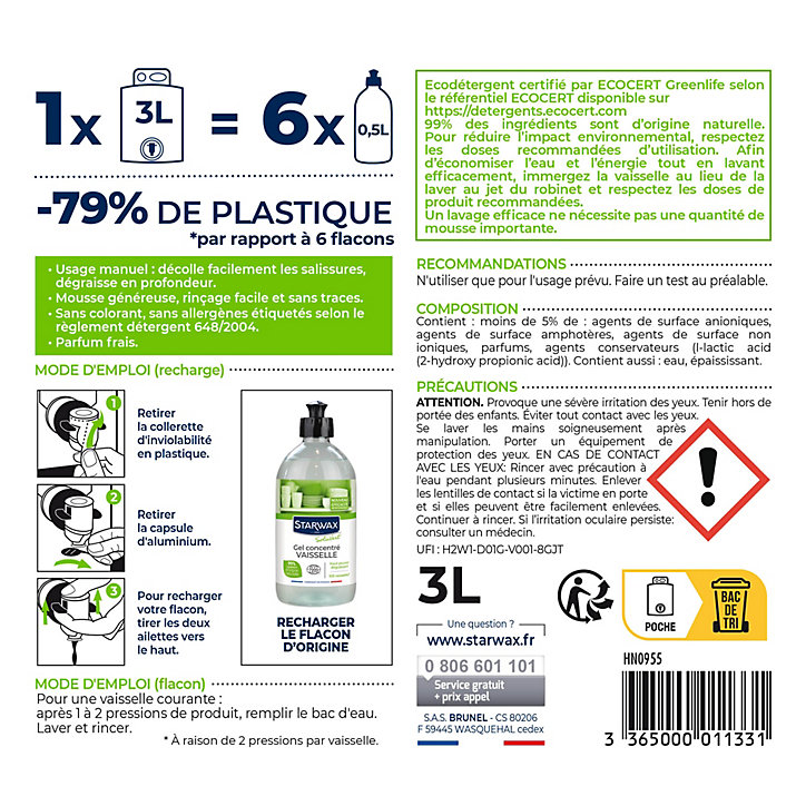 Éco-recharge gel vaisselle concentré Soluvert Starwax 3L