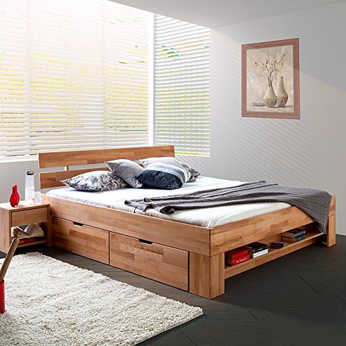 Elfo Bett Futonbett Kernbuche-massiv geölt 180 x 200 cm inkl. 4 Bettkasten auf Rollen und Fußteilregal Sofie