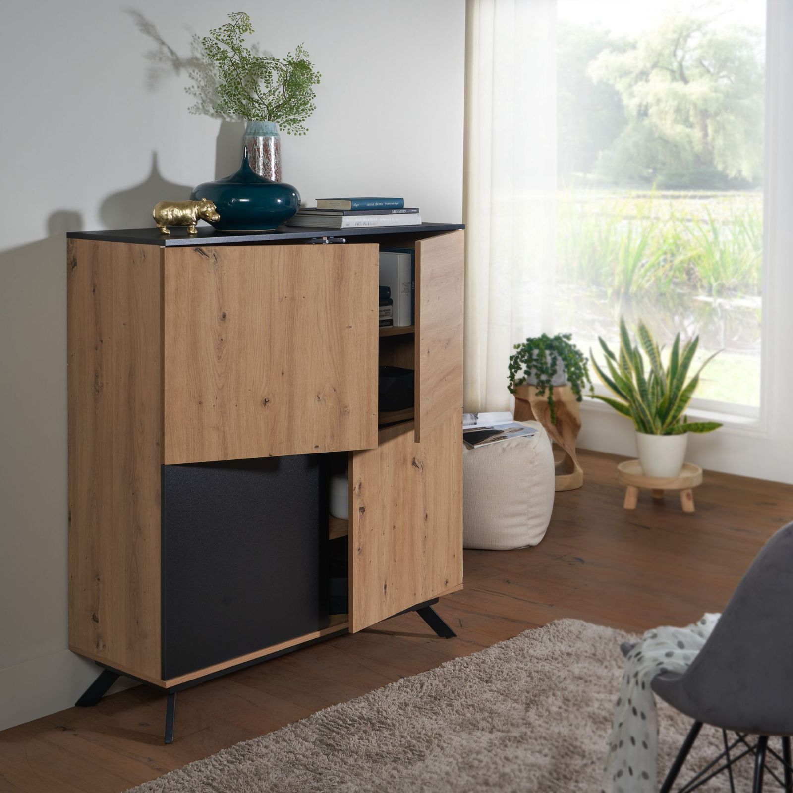Highboard - Eiche-schwarz - 4 Türen - 110 cm breit